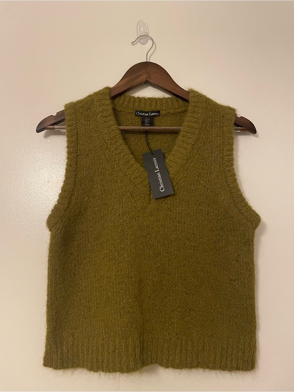 Christian Lacroix Olive Green Mohair Blend V-Neck Sweater Vest